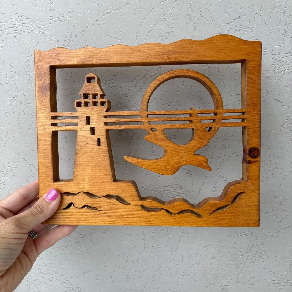 Vintage Hand Carved Wood Nautical Lighthouse Seagull Sun Wall Art Decor 9x7.5